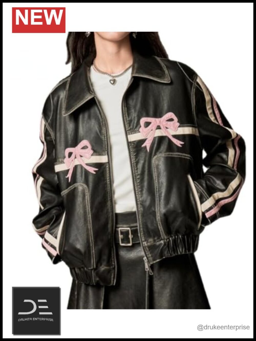 Faux Leather Bow Bomber Jacket Y2K Vintage Style Women's Outerwear